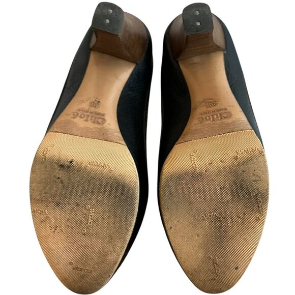 Chloe Leather Round Toe Pumps High Heels Wooden Black Size 38 7.5 Women's - Picture 7 of 14